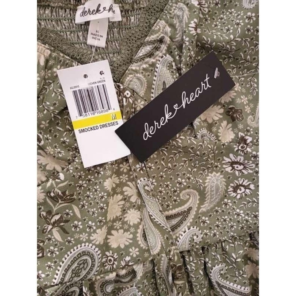 Derek Heart NWT Lichen Green Paisley Smocked Mini Dress S Small Boho Cottagecore - Picture 5 of 11
